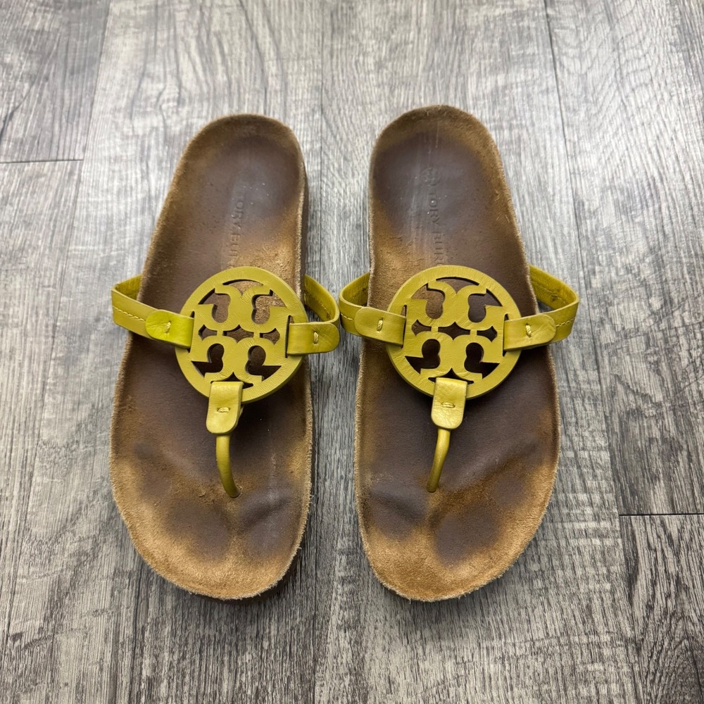 Tory Burch Miller Cloud Leather Sandals Cork Thong Lemon Lime Yellow Sz 10
